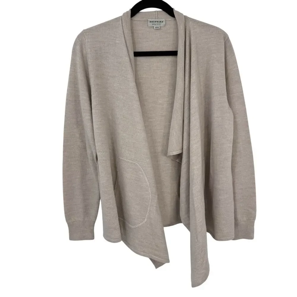 Repeat Cashmere Merino Wool Draped Cardigan US Medium EU 40 Beige with Pockets